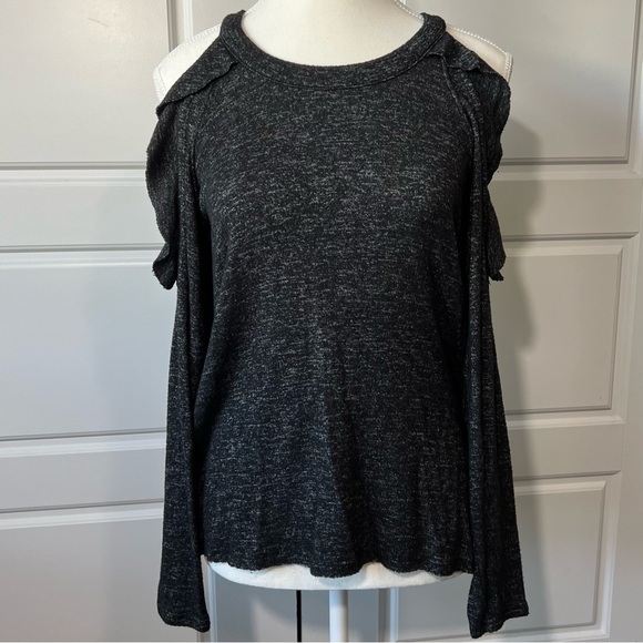 Soft & Sexy Cold Shoulder Top Long Sleeve‎ Ruffle Trim Gray Heathered Blouse SM - Picture 1 of 5